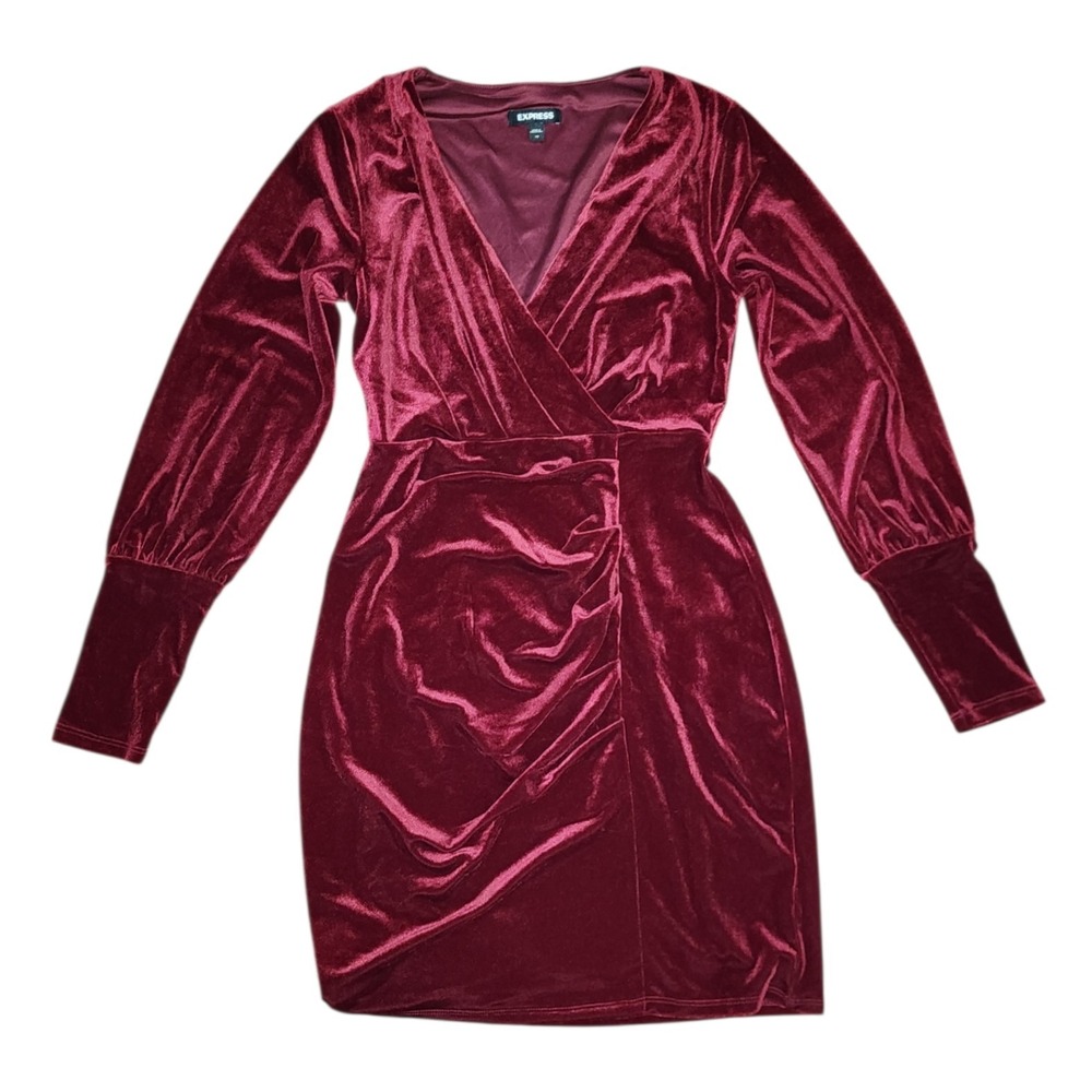 Express Dress Womens Size XS‎ Red Velour Velvet Long Sleeve Ruched Romantic Date